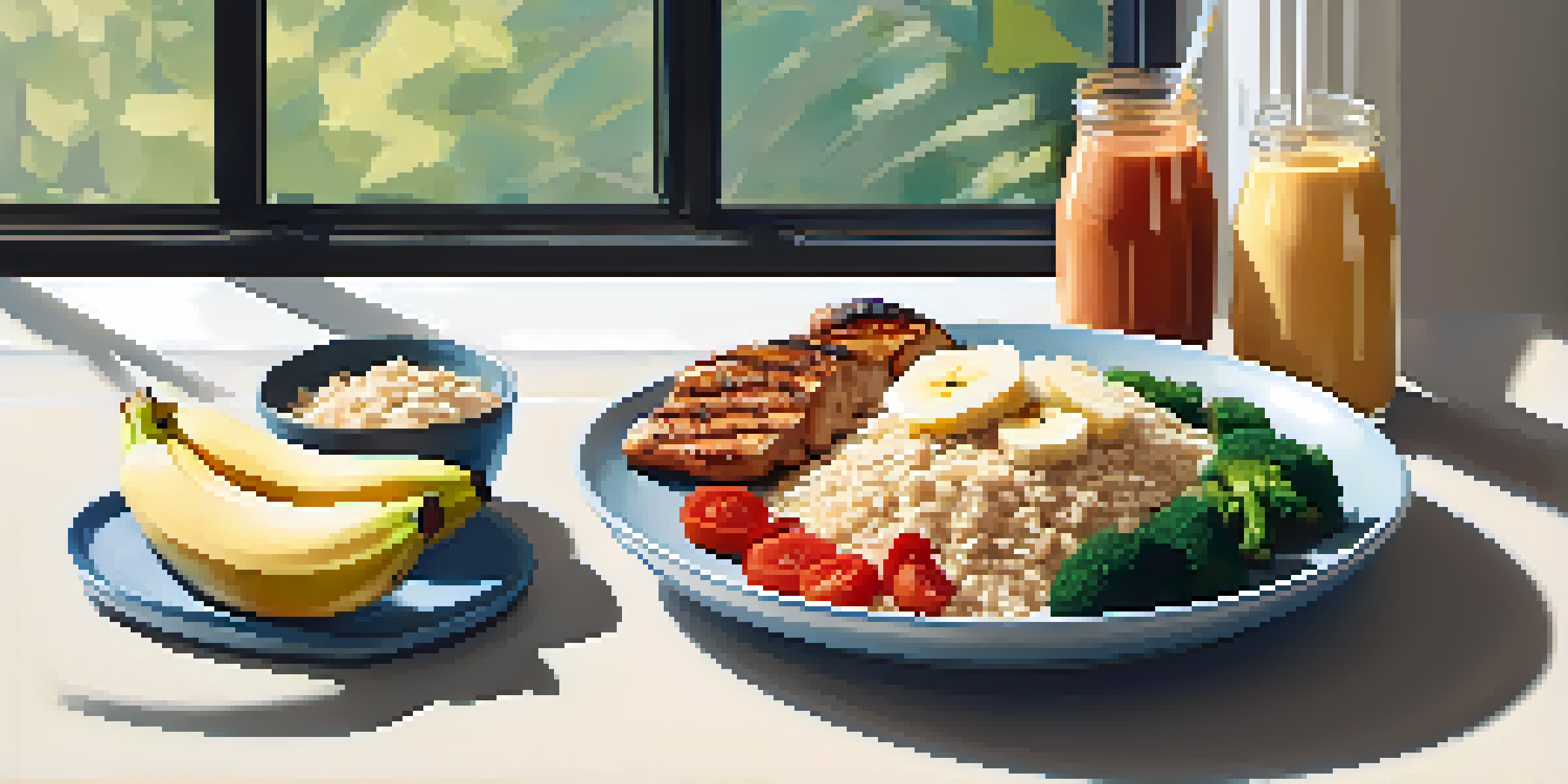 A kitchen countertop featuring a pre-workout meal with oatmeal, banana, protein smoothie, grilled chicken, brown rice, and vegetables in a well-lit setting.