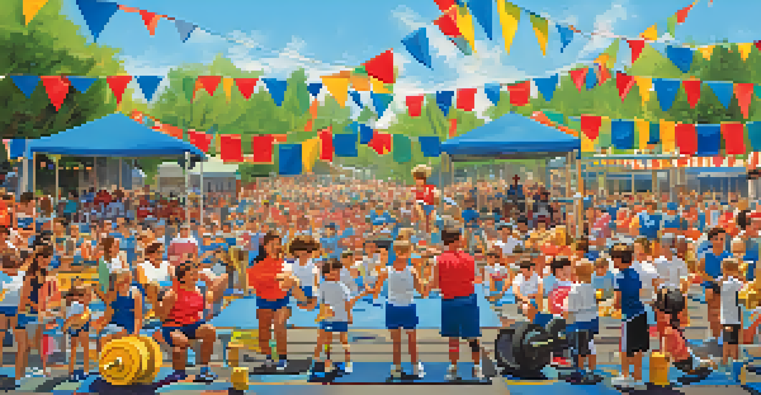 A lively outdoor family powerlifting competition with participants lifting weights and supporters cheering, set against a sunny backdrop with colorful decorations.