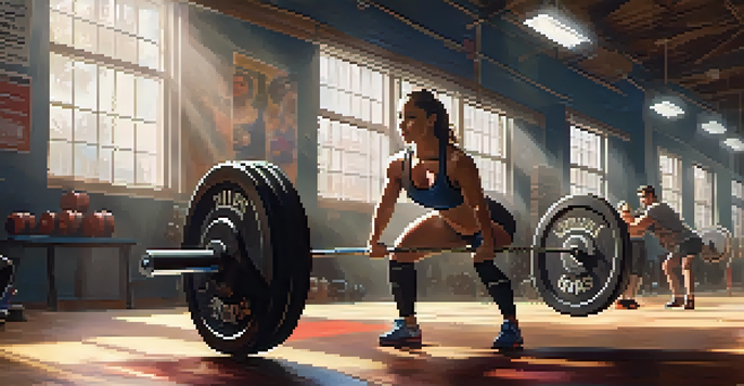 A female powerlifter lifting a heavy barbell in a bright gym, surrounded by supportive friends and motivational posters.