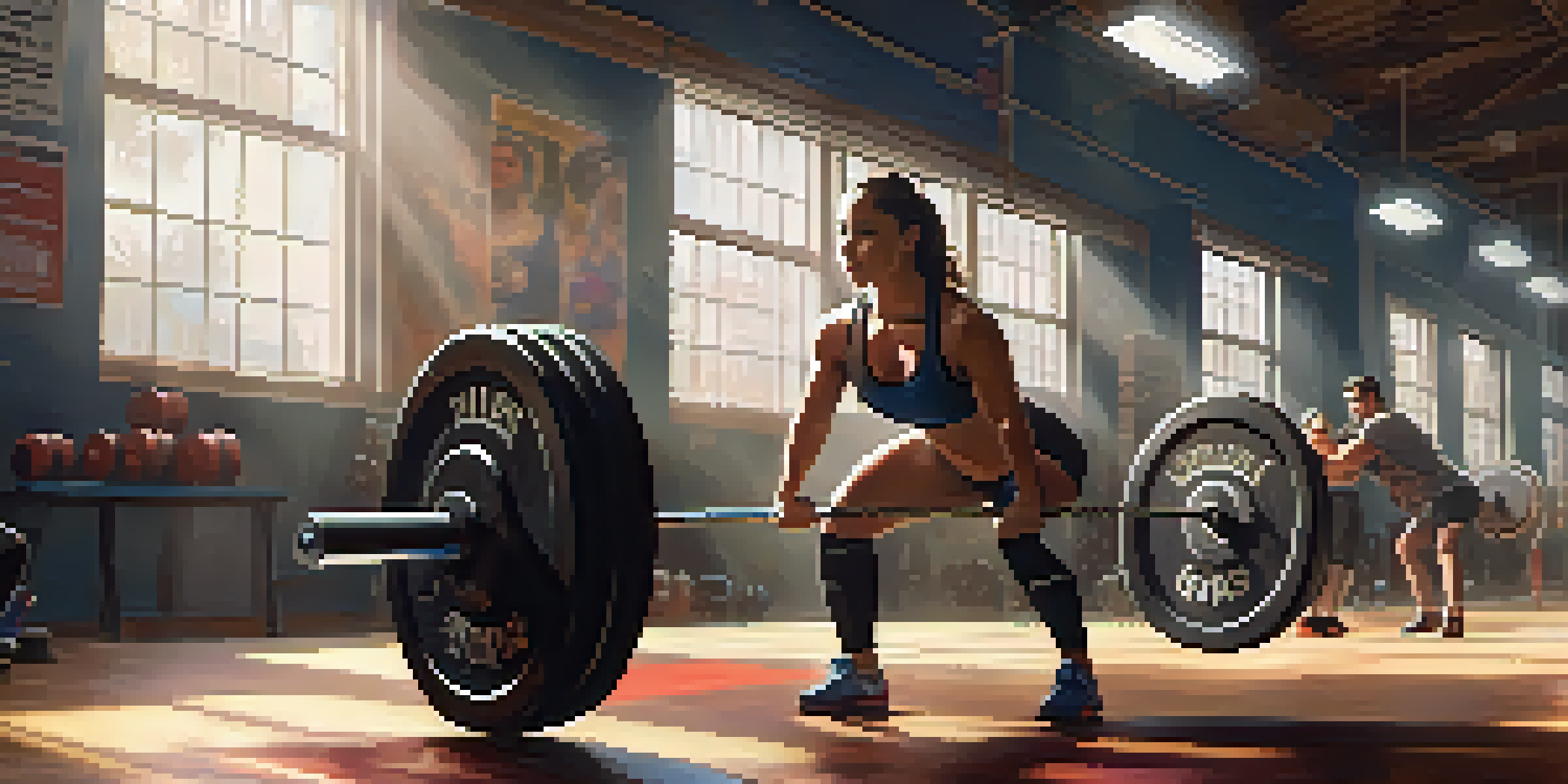 A female powerlifter lifting a heavy barbell in a bright gym, surrounded by supportive friends and motivational posters.