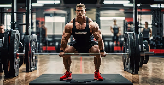 A powerlifter performing a deep squat in a gym, demonstrating strength and flexibility with a focused expression.