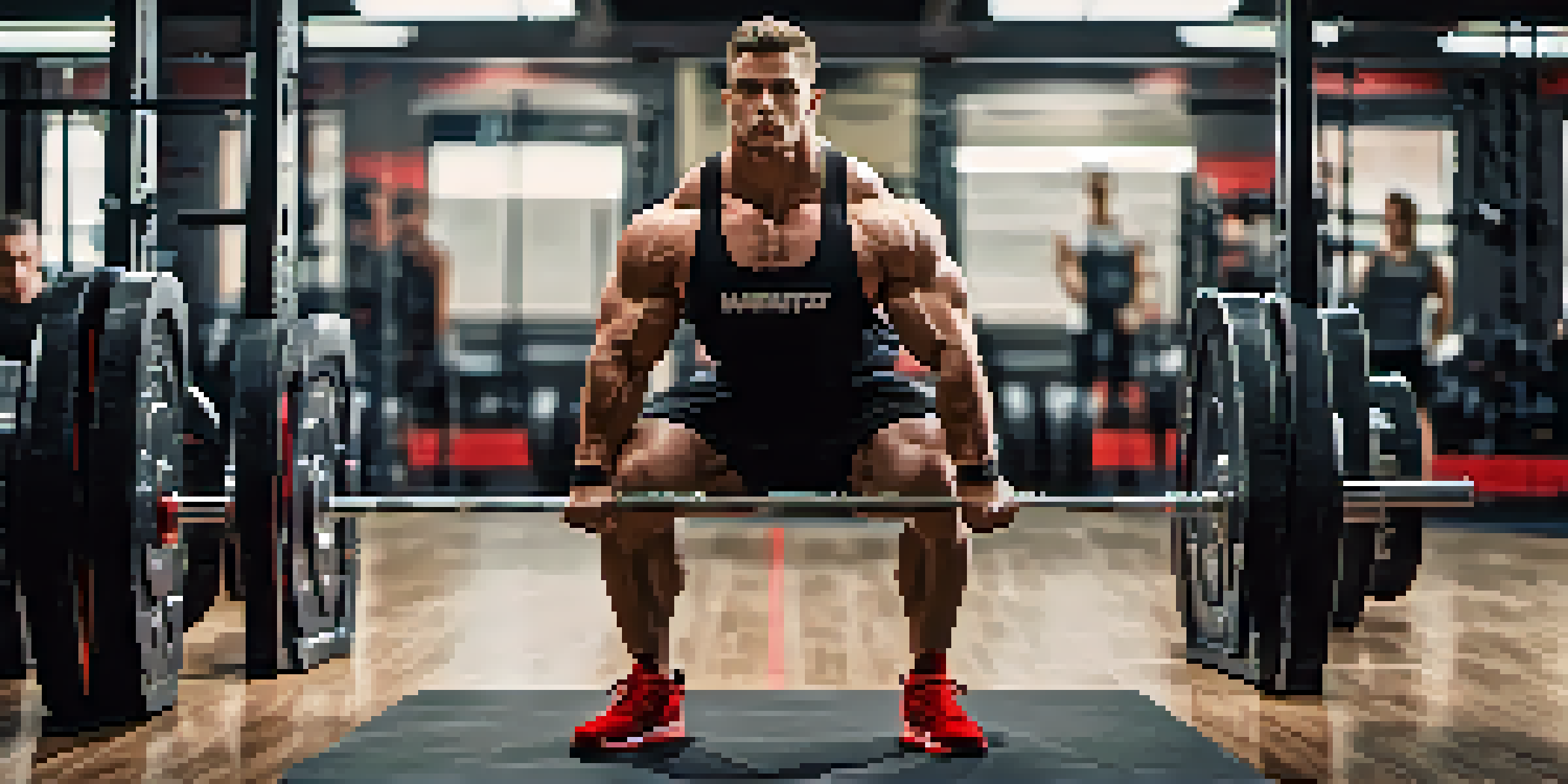 A powerlifter performing a deep squat in a gym, demonstrating strength and flexibility with a focused expression.