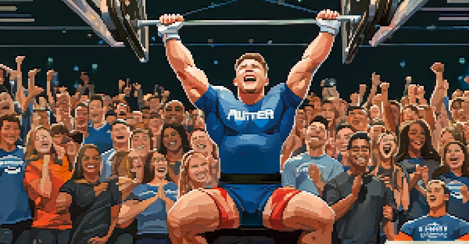 A young male lifter celebrating a personal record at a competition, surrounded by cheering friends and family.