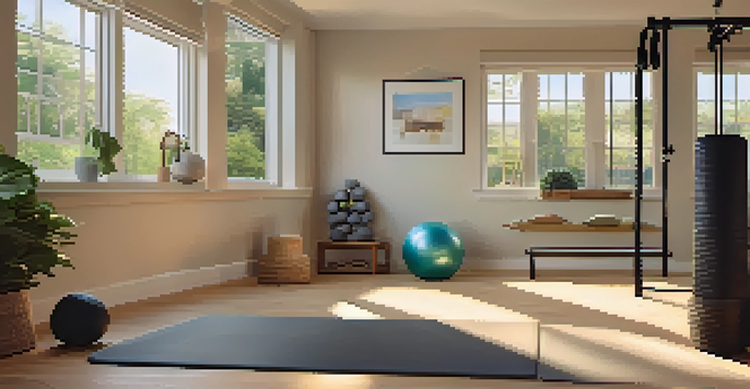 A cozy home gym with weights, yoga mat, and foam roller, illuminated by soft lighting and a view of greenery outside.