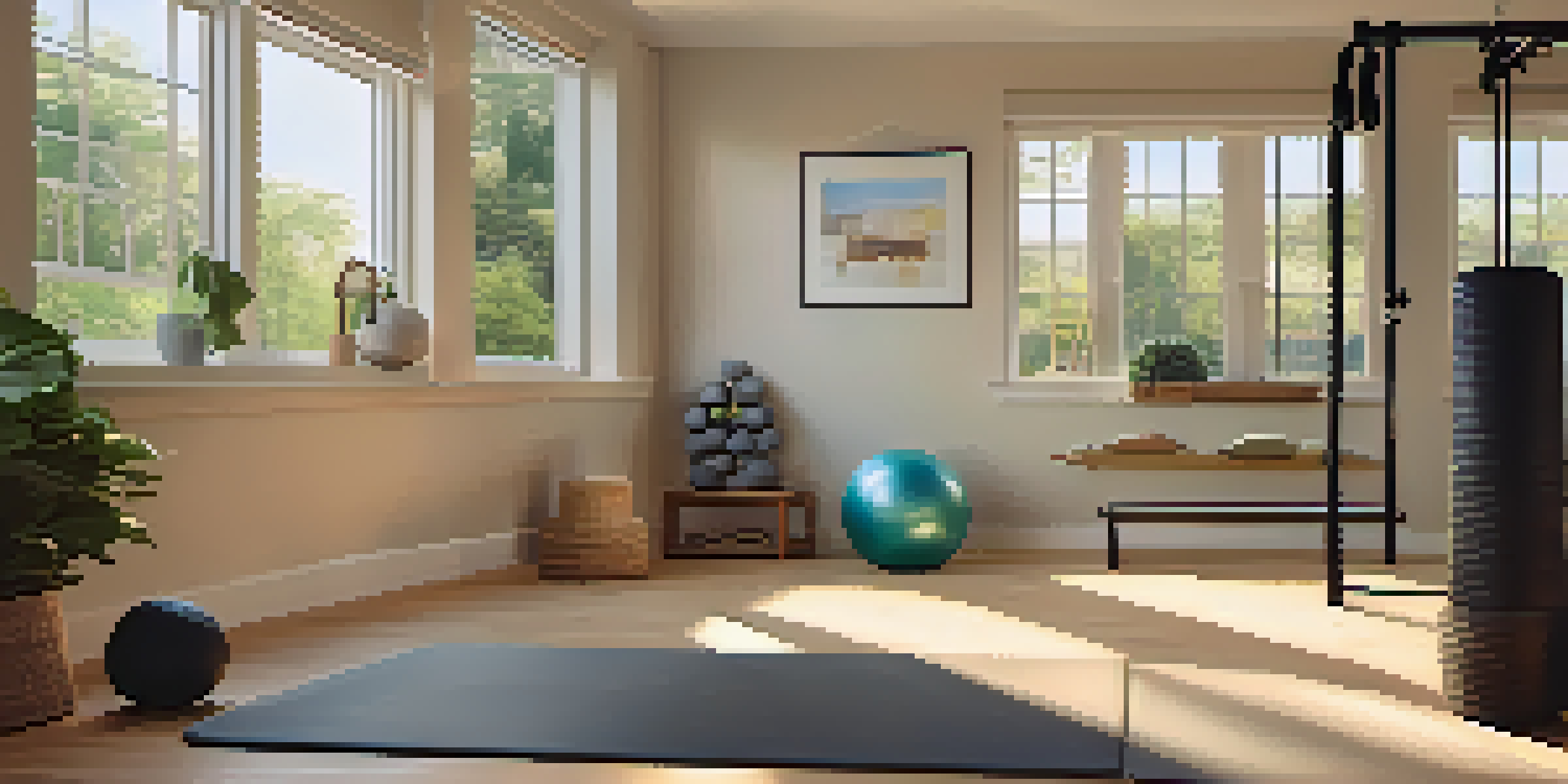 A cozy home gym with weights, yoga mat, and foam roller, illuminated by soft lighting and a view of greenery outside.