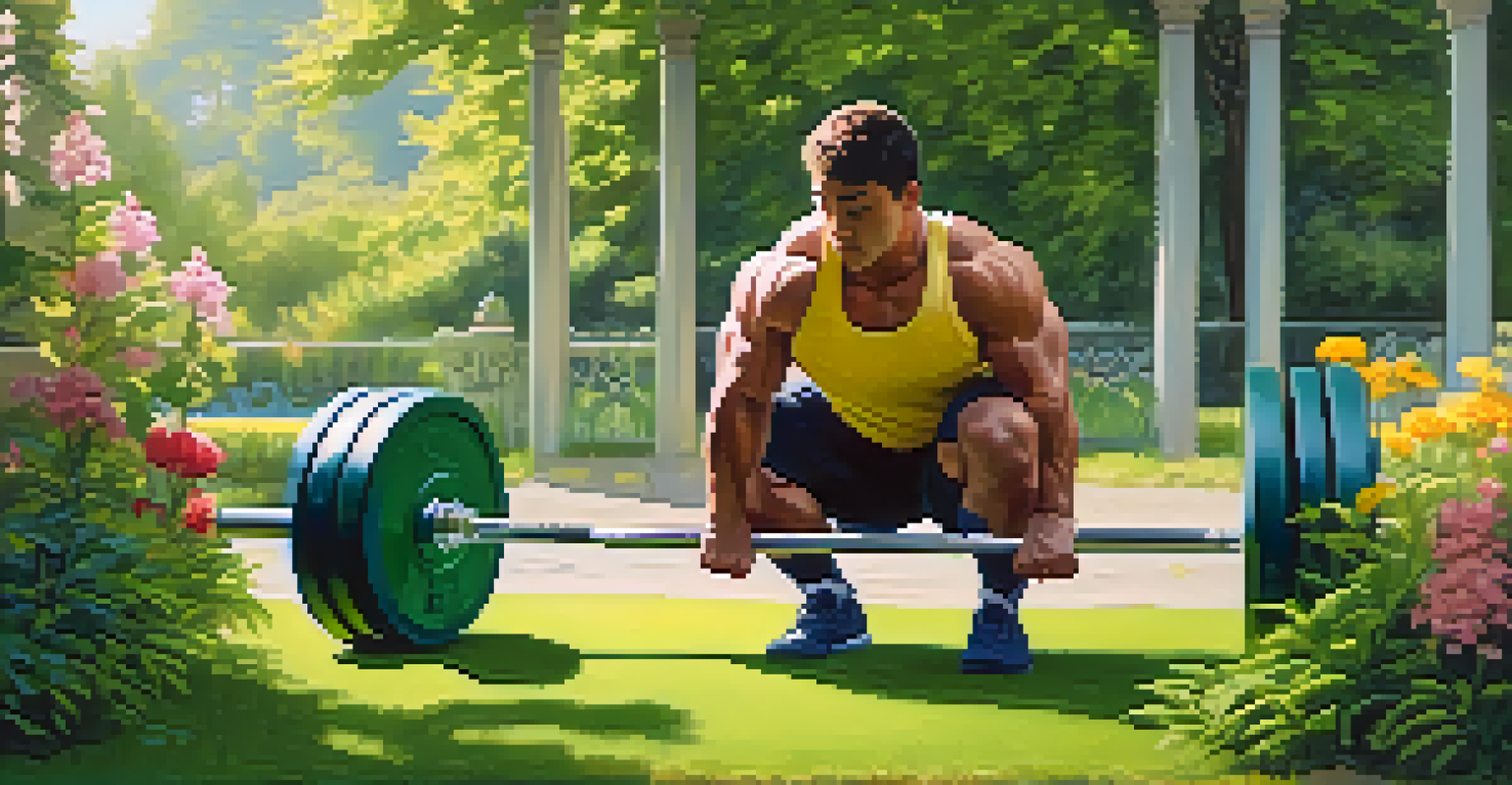 An individual lifting a barbell in a park, surrounded by greenery and flowers, with soft morning light creating a peaceful atmosphere.