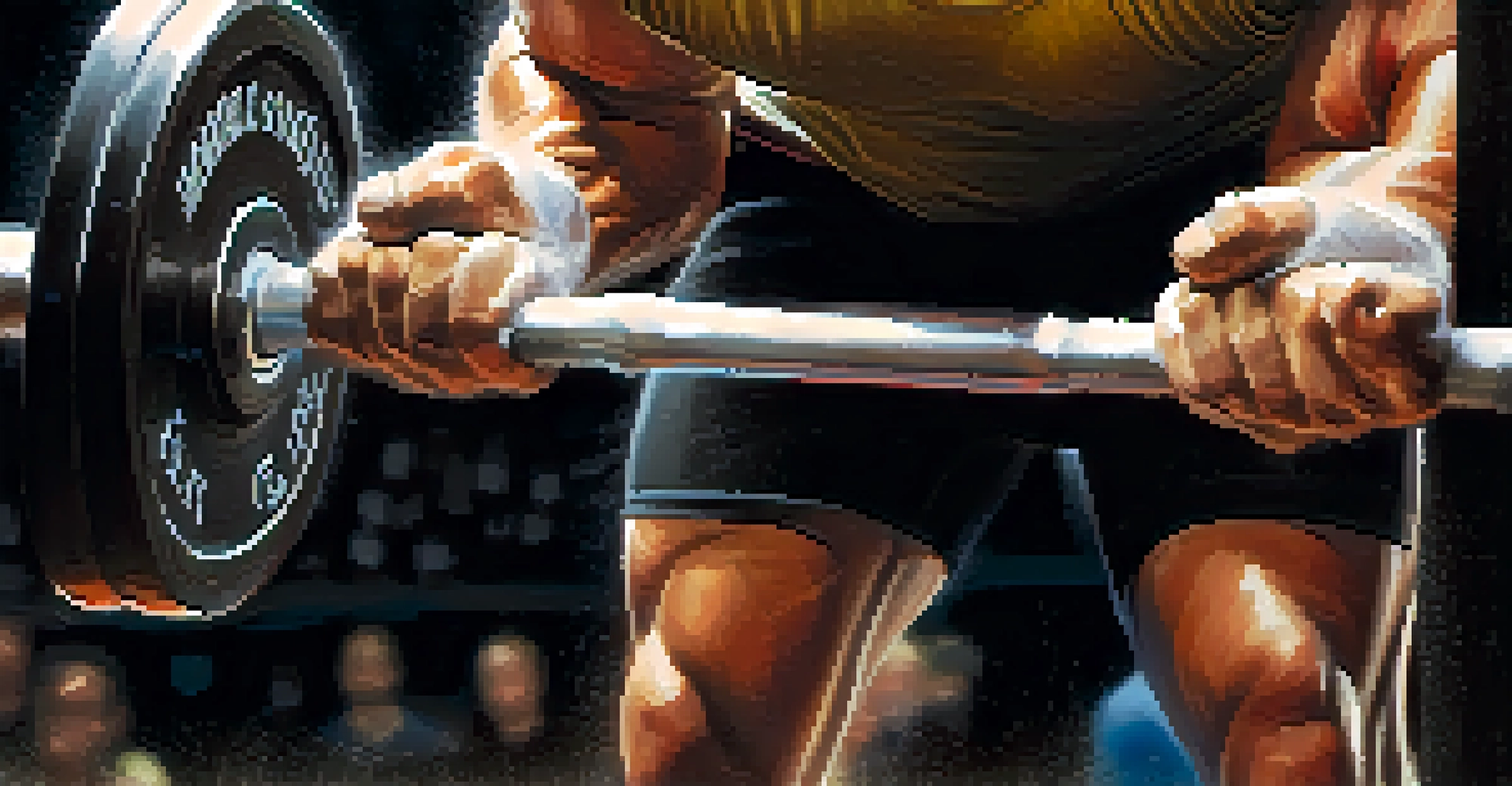 Close-up of a powerlifting athlete's hands gripping a barbell, with chalk dust in the air and gym equipment in the background.