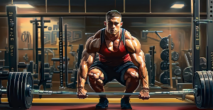 A powerlifter in a gym, preparing to lift weights with a focused expression and deep breathing.