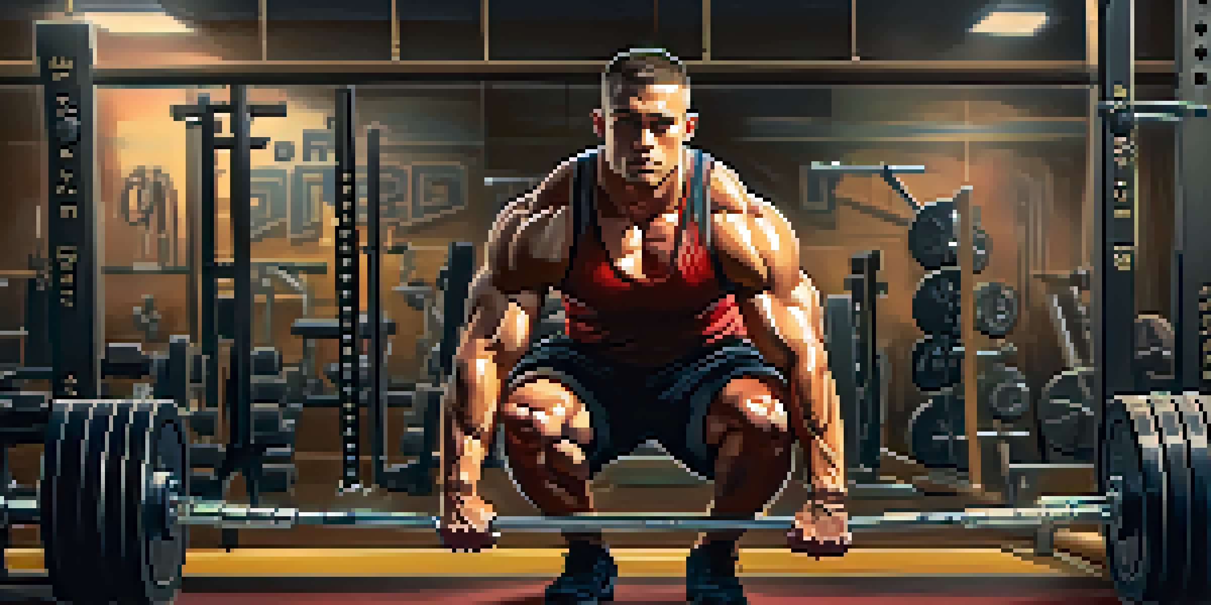 A powerlifter in a gym, preparing to lift weights with a focused expression and deep breathing.