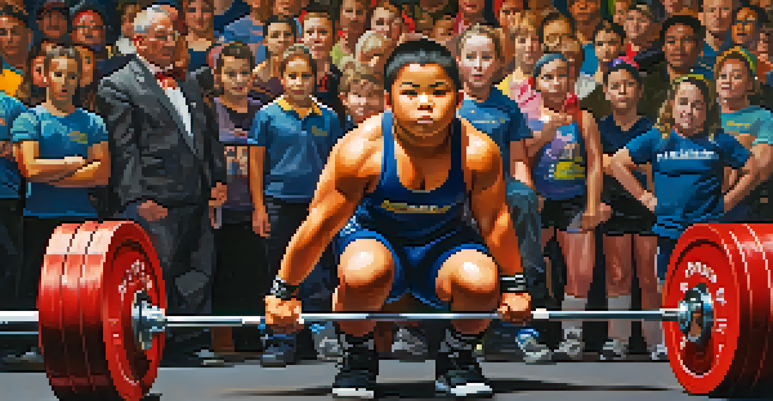 Young athletes competing in a powerlifting event on stage, with spectators cheering and colorful lighting enhancing the excitement.