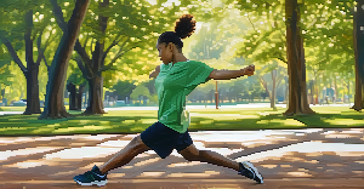 An individual doing dynamic leg swings in a sunny park, emphasizing hip mobility and fitness.