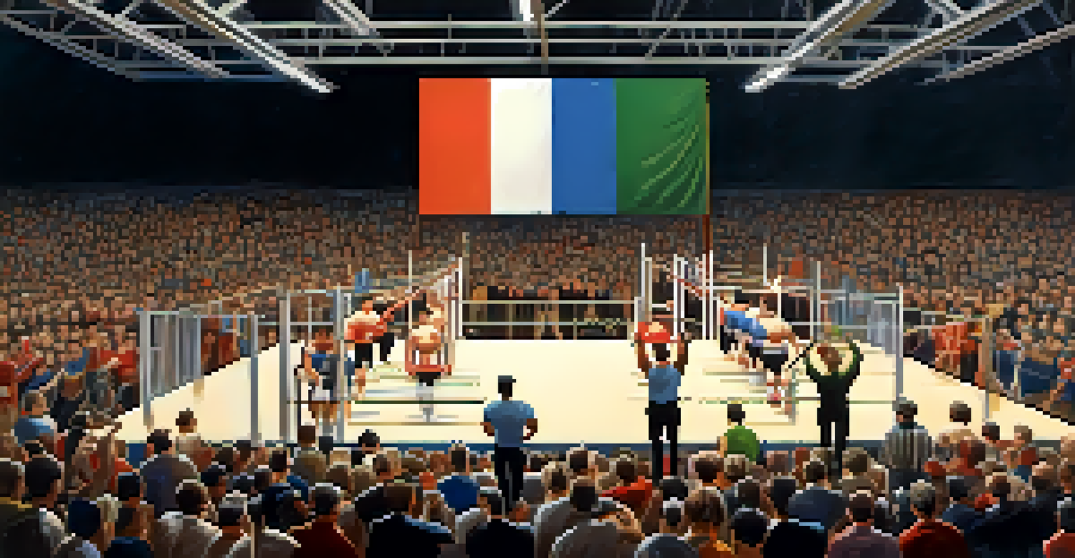 A lively powerlifting competition scene from the late 1960s, with diverse athletes lifting weights and a cheering crowd in the background.