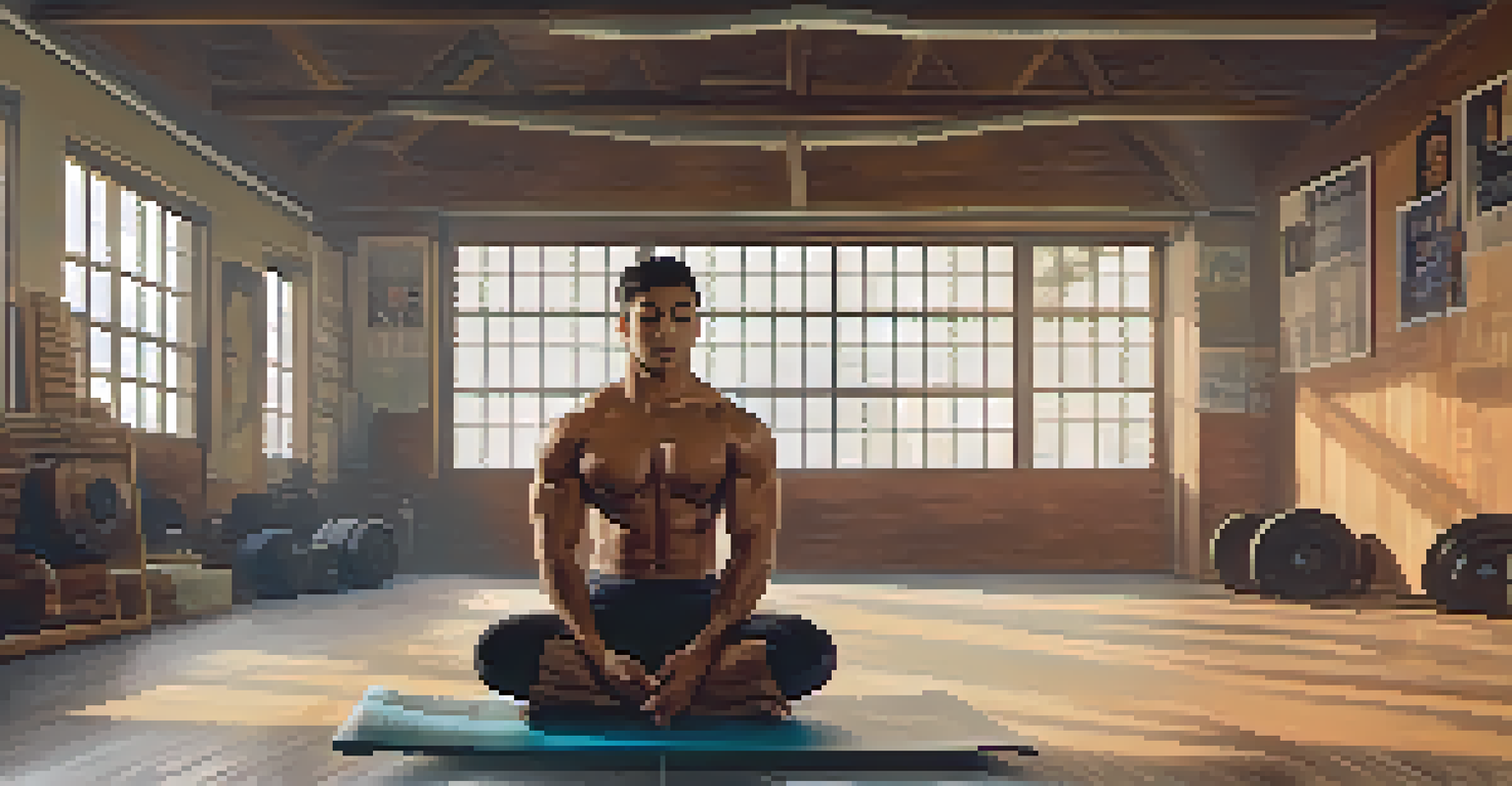A powerlifter in a calm indoor space, practicing visualization while sitting cross-legged on a yoga mat.