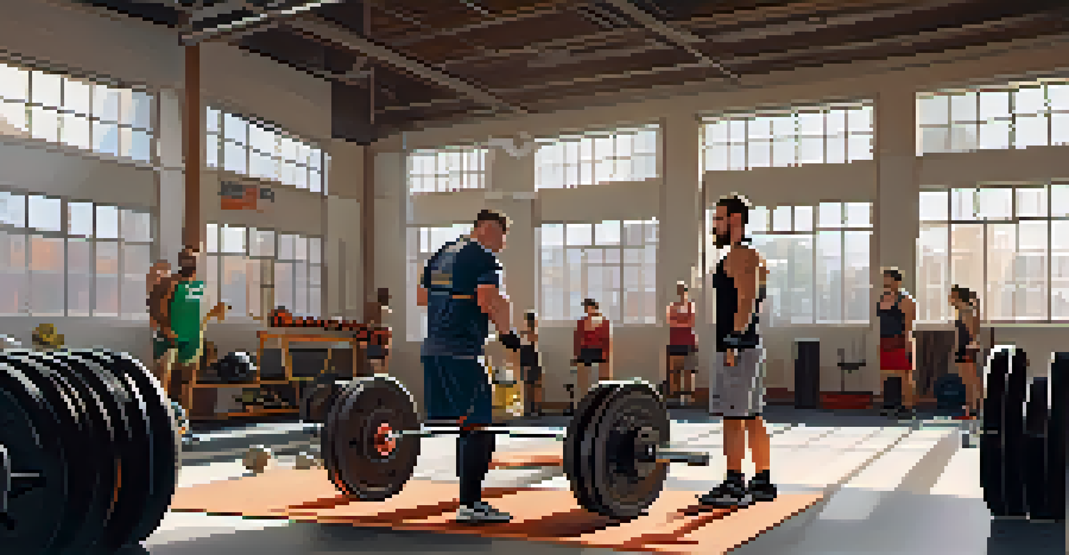 A coach and a lifter reviewing powerlifting gear options in a training space, with sunlight illuminating the scene.