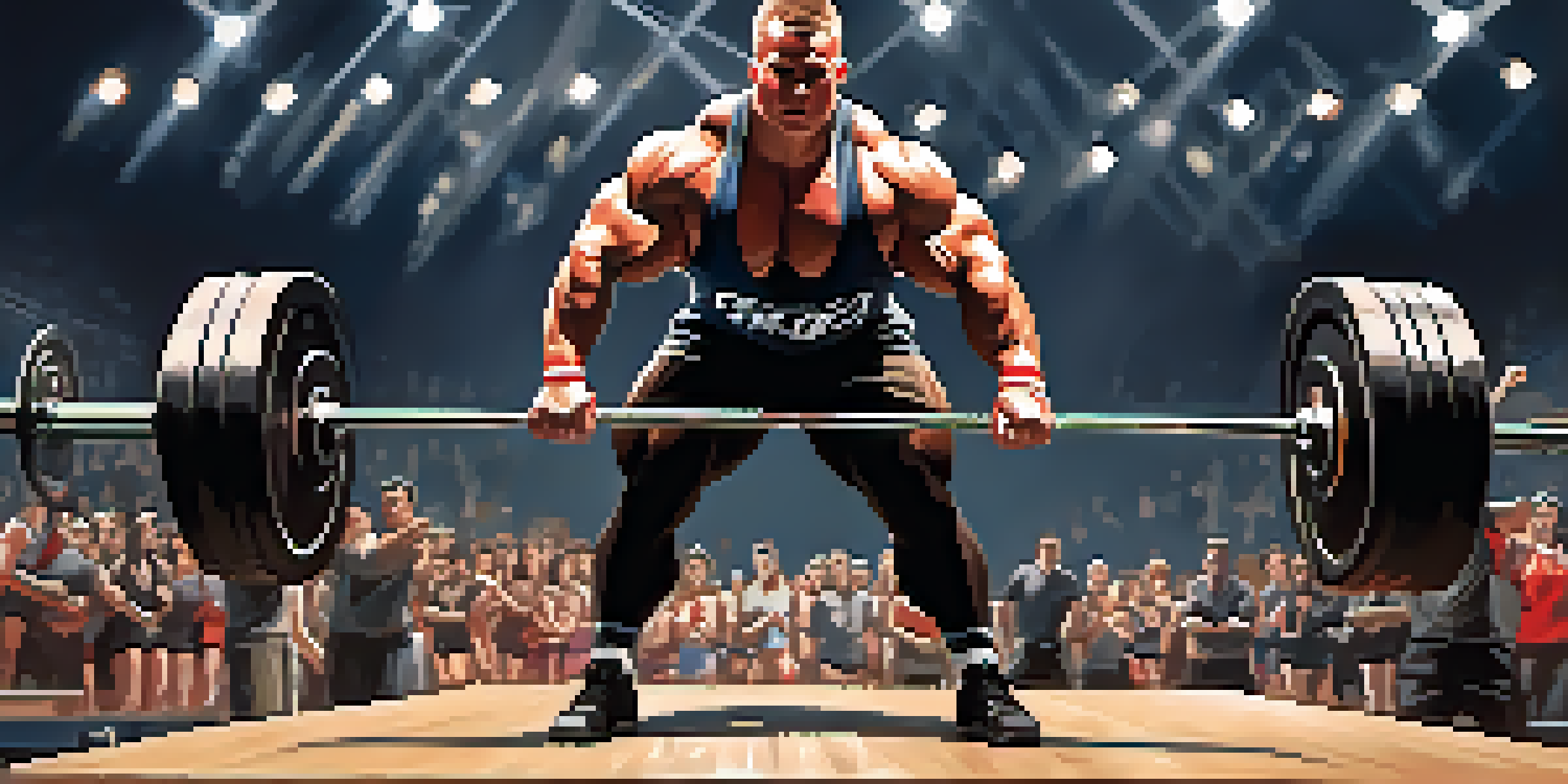 A powerlifter on stage with a barbell, showing focus and determination, with a cheering crowd in the background.