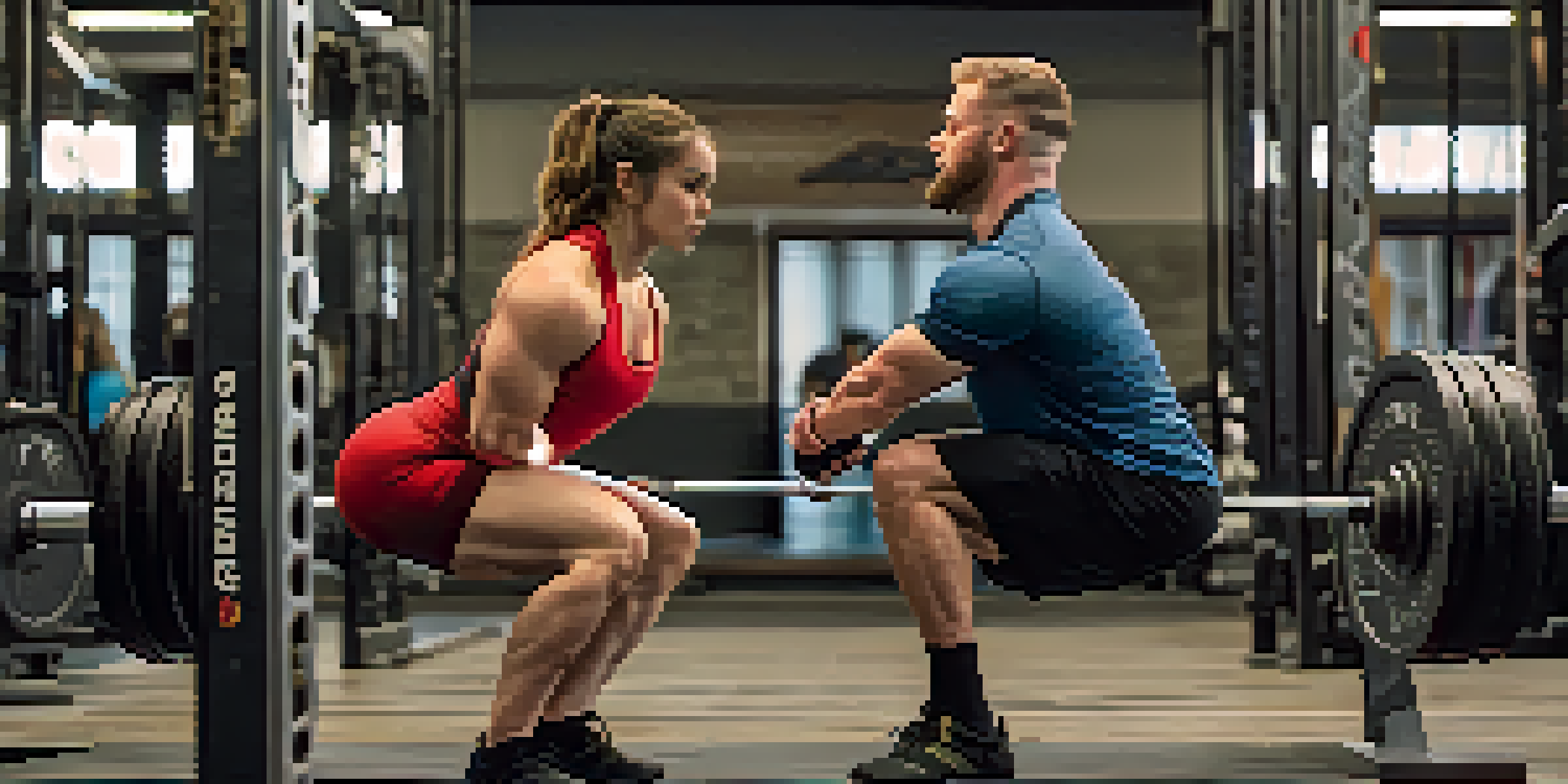 A coach instructs an athlete on proper squat technique in a gym setting, showcasing strength and focus.