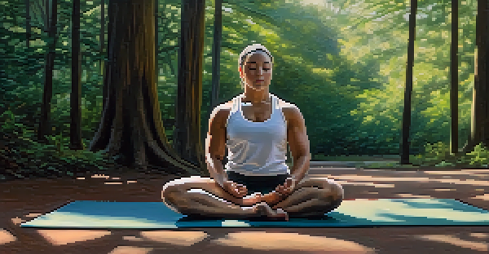 A powerlifting athlete meditating peacefully on a yoga mat in a tranquil outdoor environment, surrounded by trees and soft light.