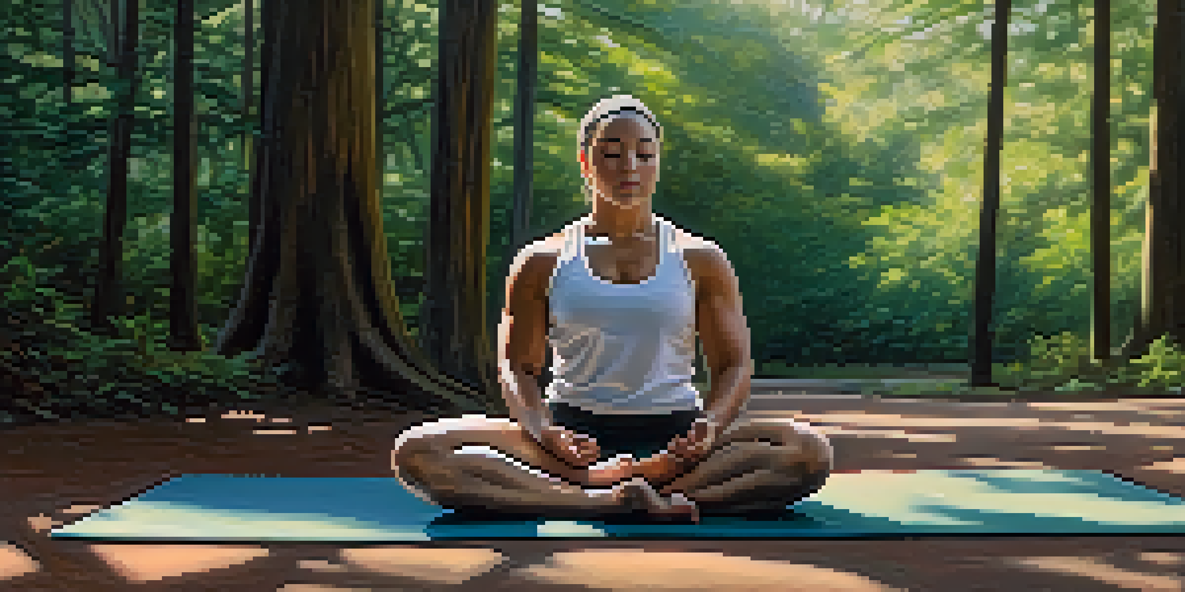 A powerlifting athlete meditating peacefully on a yoga mat in a tranquil outdoor environment, surrounded by trees and soft light.