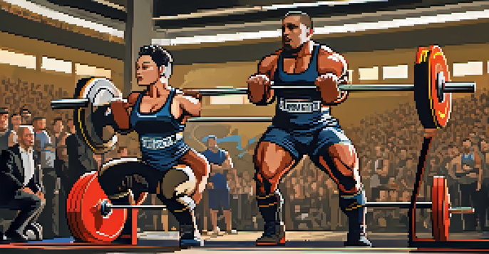 A powerlifting competition scene with an athlete performing a squat, surrounded by spectators and fellow competitors.