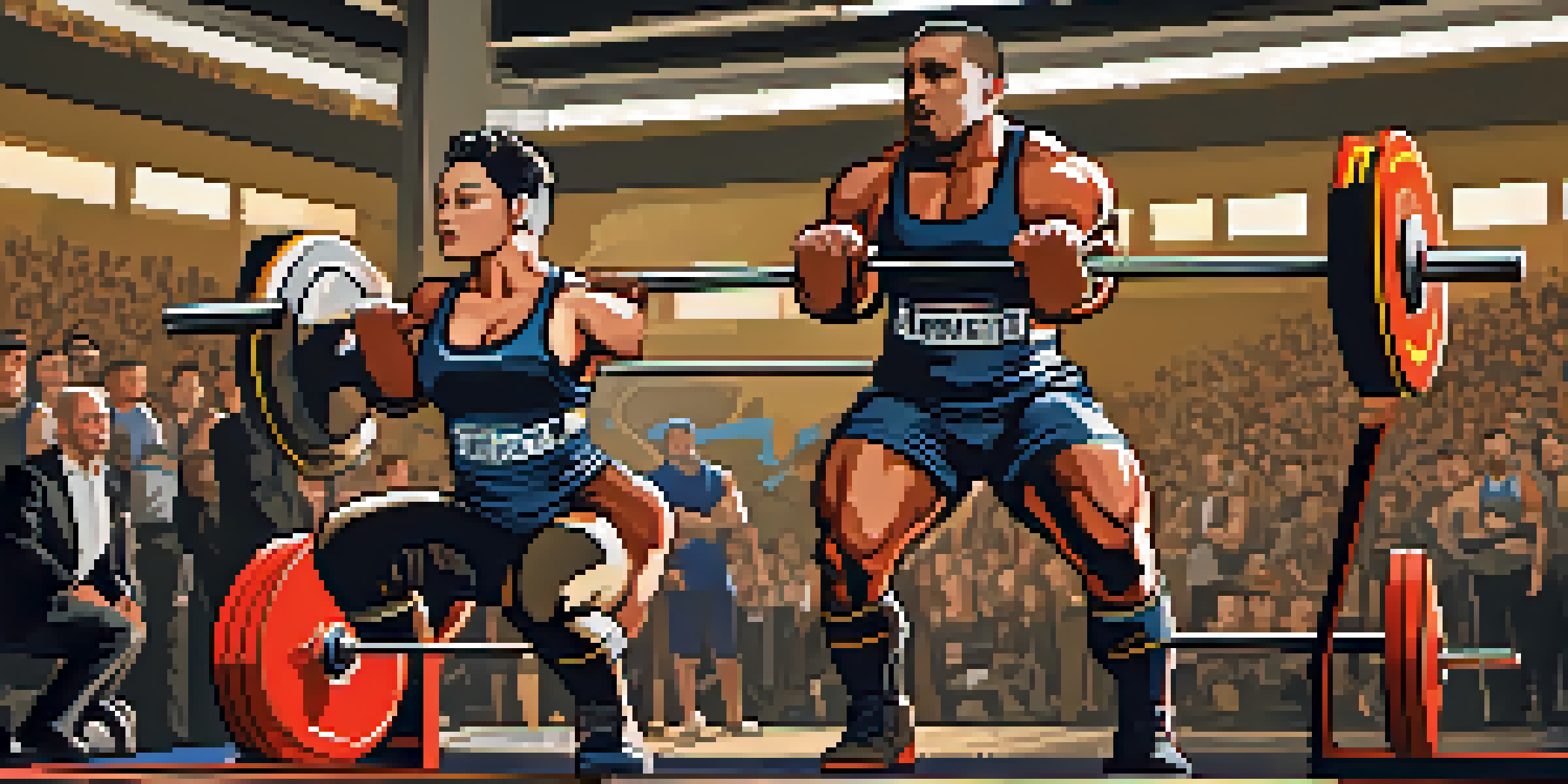 A powerlifting competition scene with an athlete performing a squat, surrounded by spectators and fellow competitors.