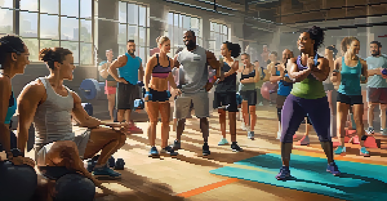 A diverse group of athletes in a CrossFit class, engaged in workouts and supporting each other with smiles.