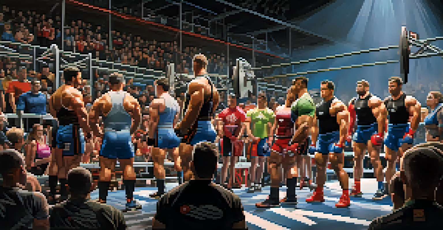 A lively powerlifting competition with athletes on stage and spectators cheering in a well-lit arena.