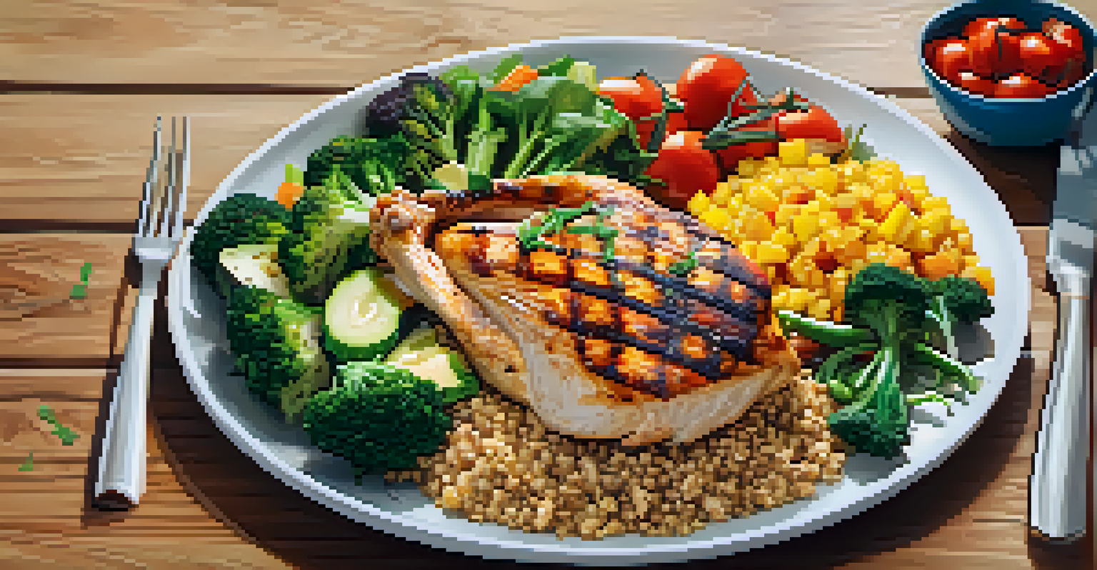 A colorful and healthy meal plate for powerlifters, featuring grilled chicken, quinoa, and fresh vegetables, arranged artistically.