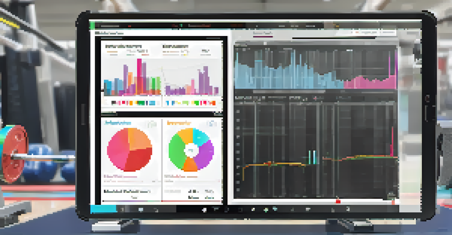 A tablet displaying an AI coaching interface with colorful graphs of a powerlifter's performance metrics in the gym.