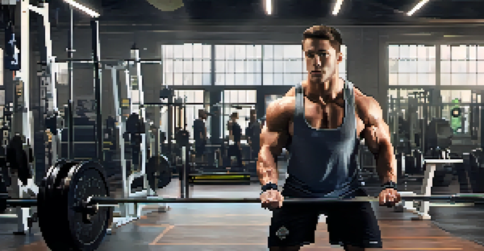 A determined powerlifter lifting a heavy barbell in a gym, with biofeedback sensors displaying data.