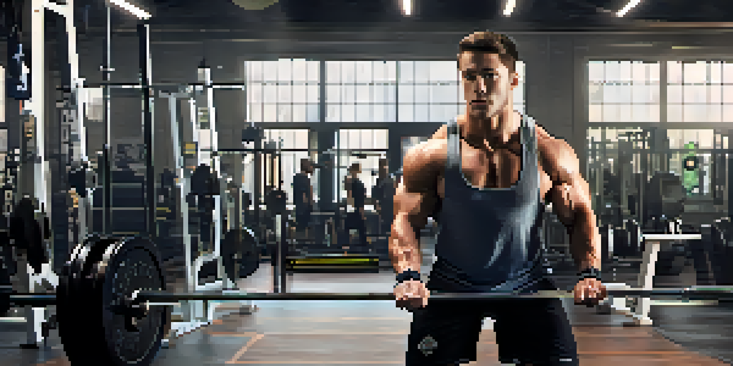 A determined powerlifter lifting a heavy barbell in a gym, with biofeedback sensors displaying data.