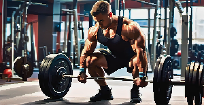 A powerlifter squatting in a gym, showcasing focus and strength.