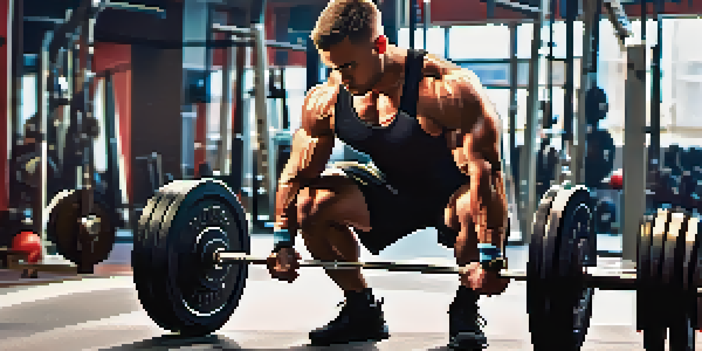 A powerlifter squatting in a gym, showcasing focus and strength.