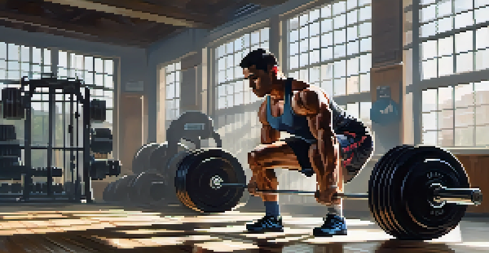 A muscular athlete squatting with a barbell in a bright gym, focused and wearing weightlifting gear.
