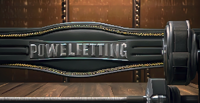 A close-up of a leather powerlifting belt on a gym bench, surrounded by weights and a barbell in a softly lit environment.