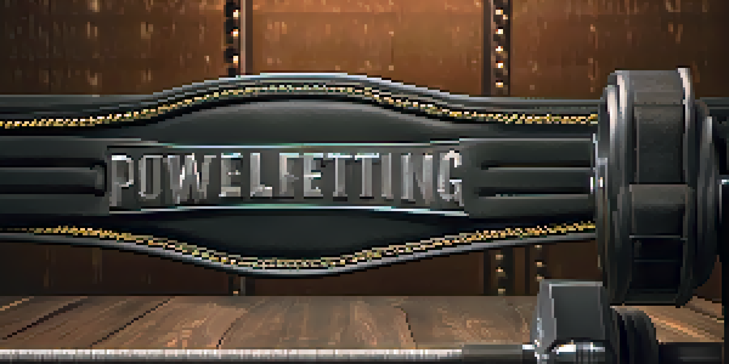 A close-up of a leather powerlifting belt on a gym bench, surrounded by weights and a barbell in a softly lit environment.