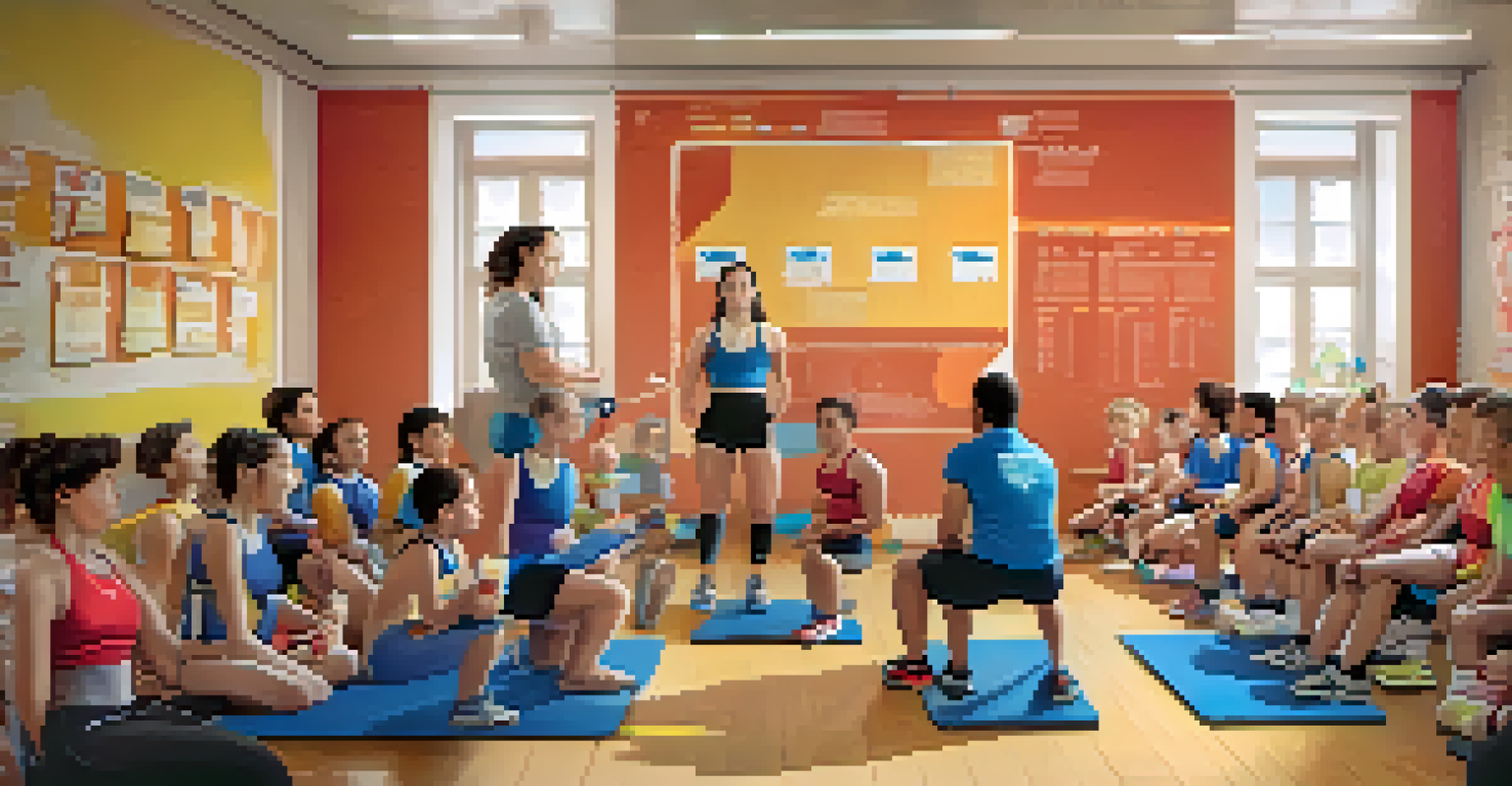 A powerlifting coach leading a nutrition workshop with a diverse group of athletes, showing a chart on balanced nutrition in a bright classroom.