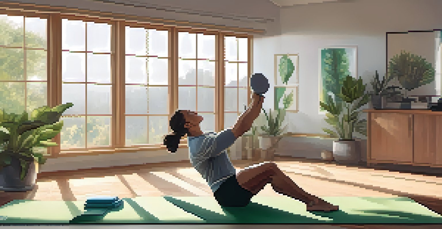 A powerlifter performing a seated stretch on a yoga mat in a bright, tranquil room.