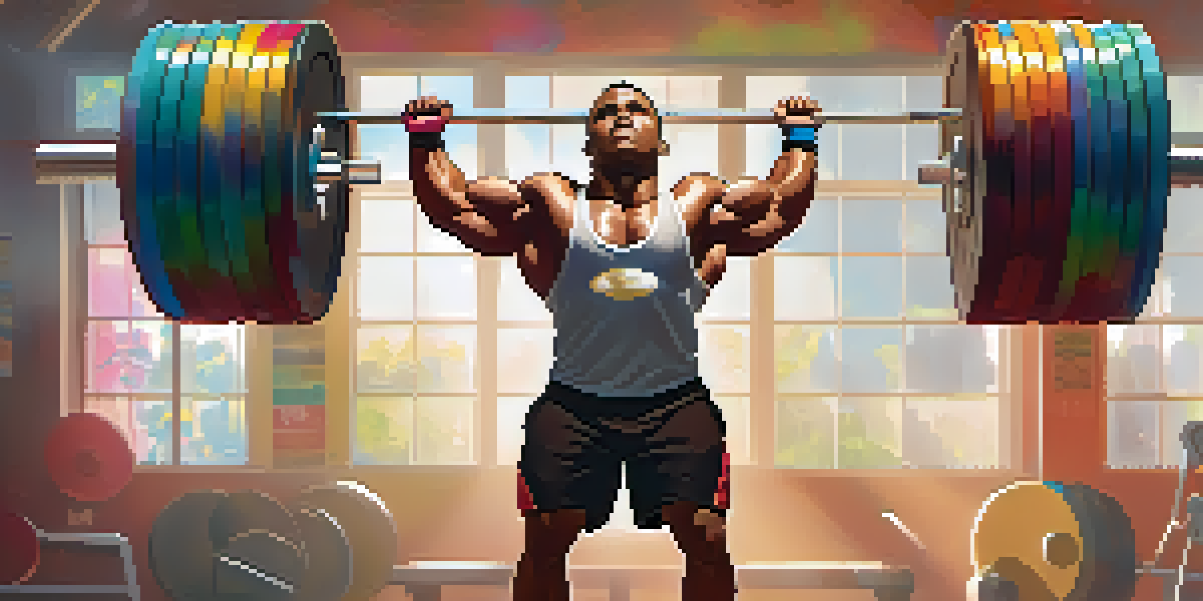 A powerlifter lifting a heavy barbell in a brightly lit gym, surrounded by motivational posters and sunlight.