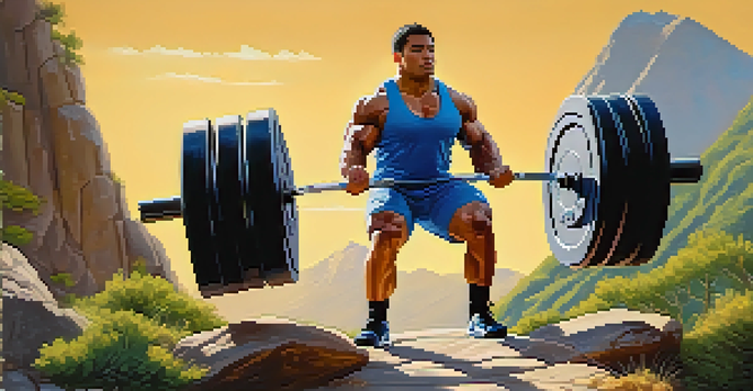 A powerlifter lifting weights on a mountain path, with the sun shining brightly and a clear blue sky.