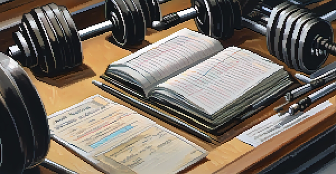 A powerlifting notebook on a gym bench with handwritten records of workouts in a warm, dimly lit gym.