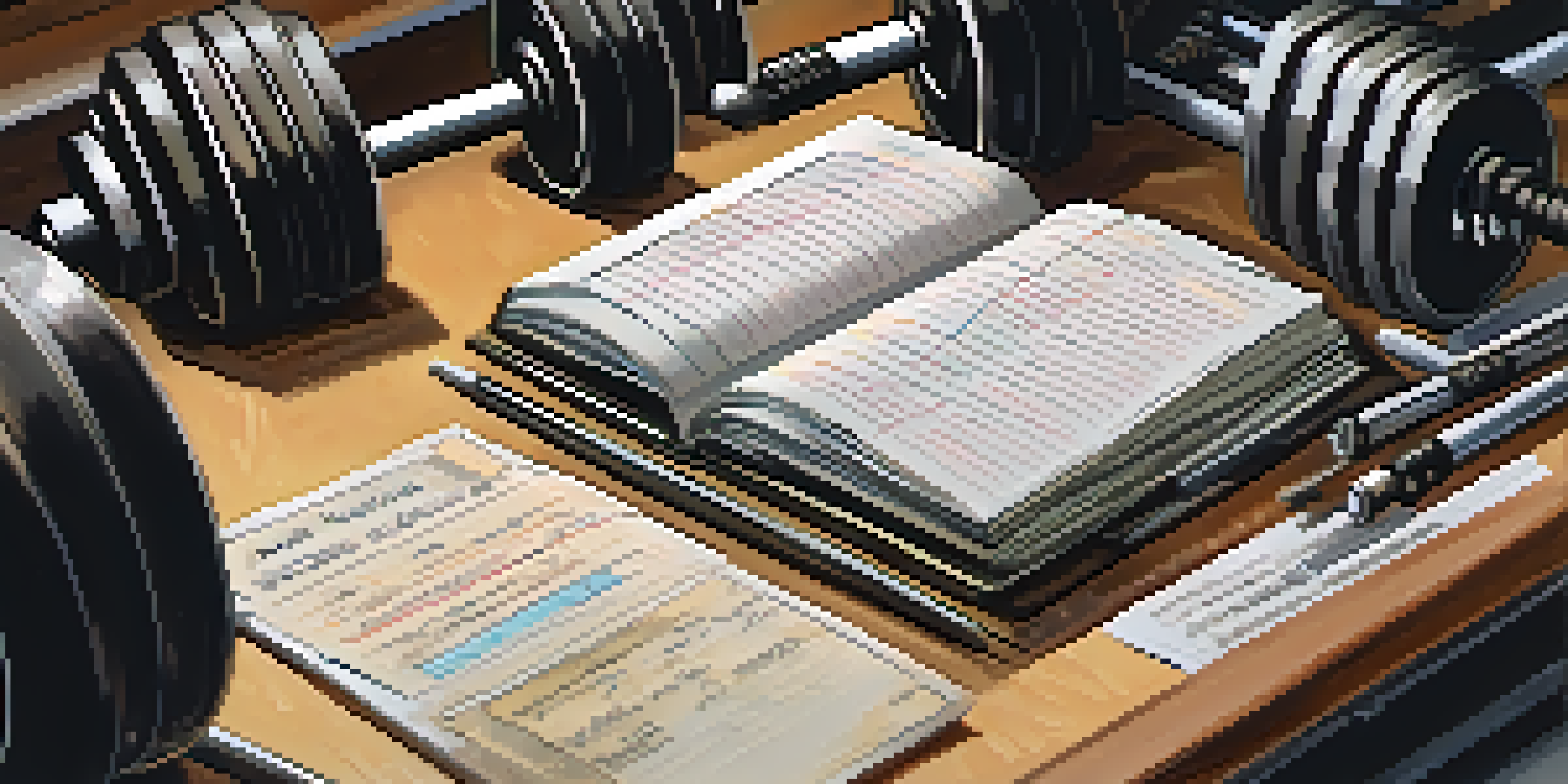 A powerlifting notebook on a gym bench with handwritten records of workouts in a warm, dimly lit gym.