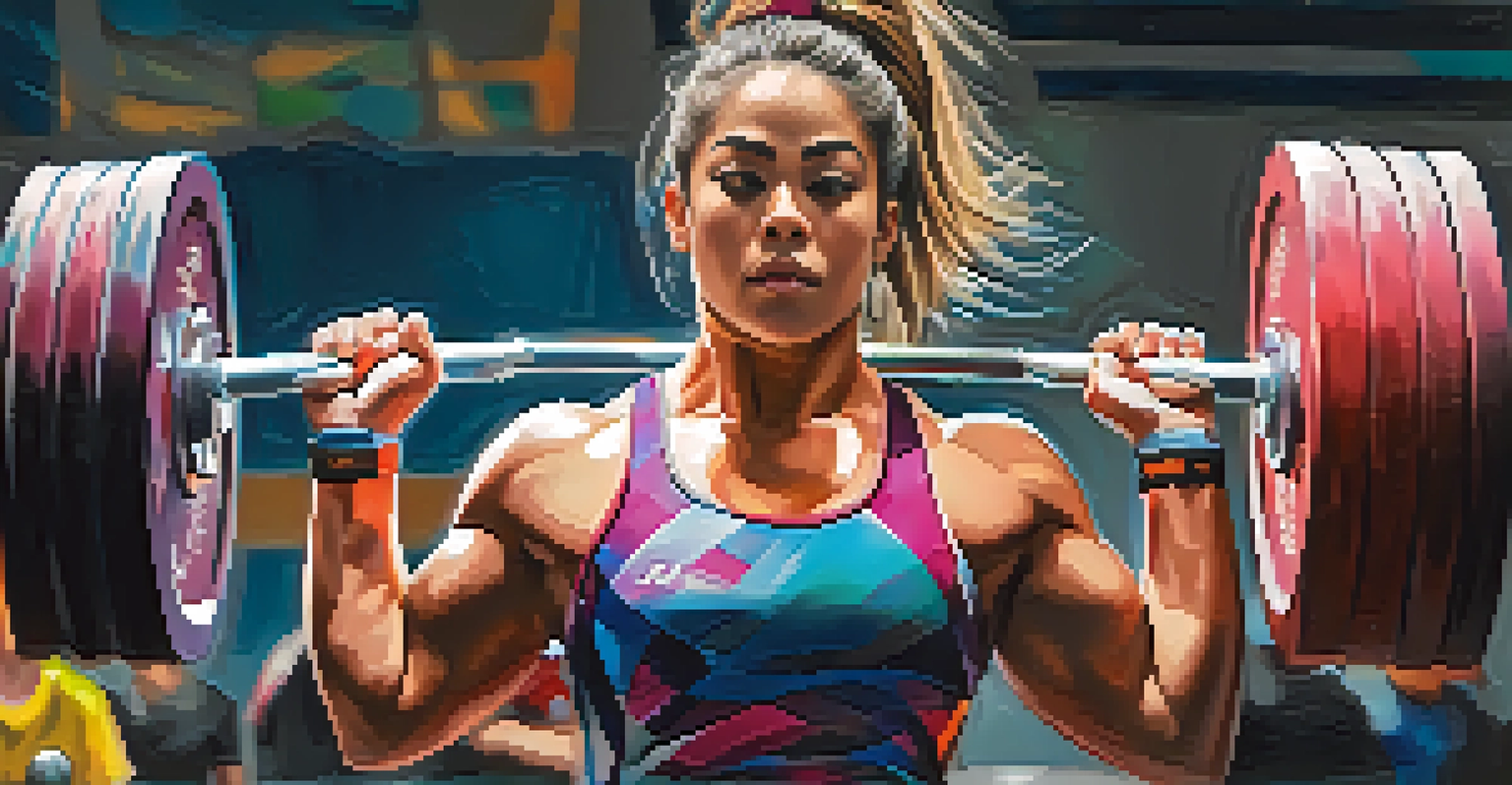 Close-up portrait of a determined female powerlifter mid-lift, showcasing her focus and strength in a gym setting.