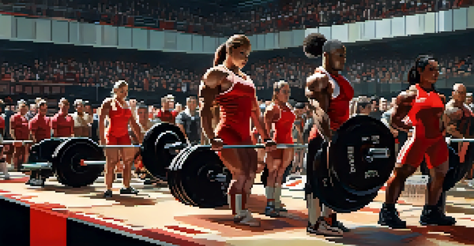 A female powerlifter in a red and black suit preparing to perform a squat, with judges and spectators in the background, capturing the intensity of the competition.