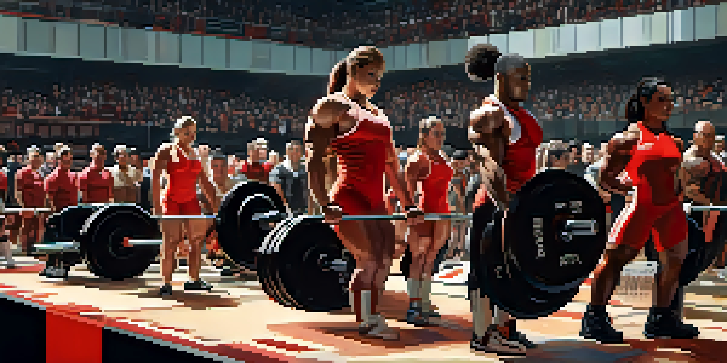 A female powerlifter in a red and black suit preparing to perform a squat, with judges and spectators in the background, capturing the intensity of the competition.