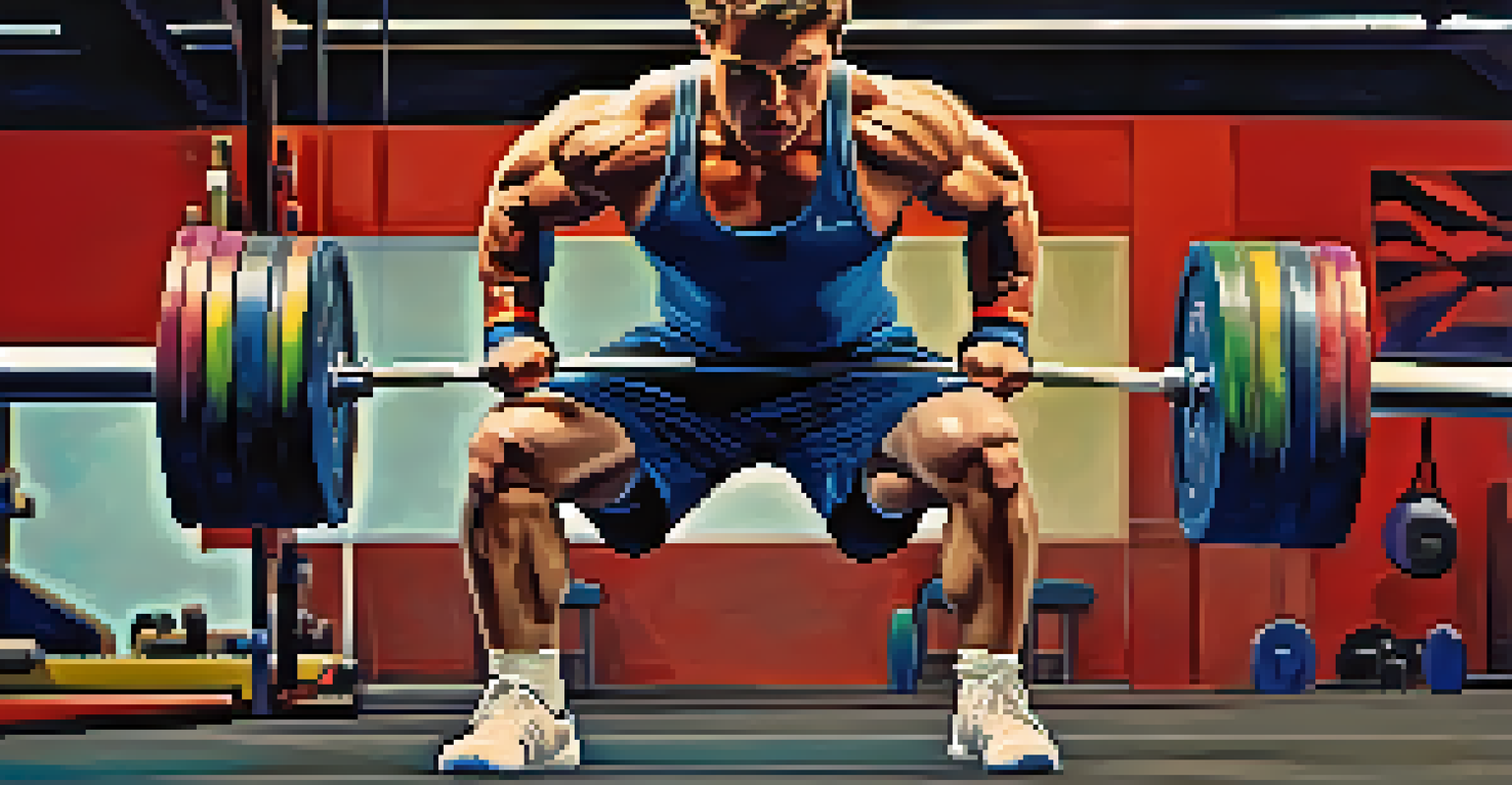 A weightlifter in motion, transitioning from the Clean to Jerk phase, with a barbell overhead in a vibrant gym setting.