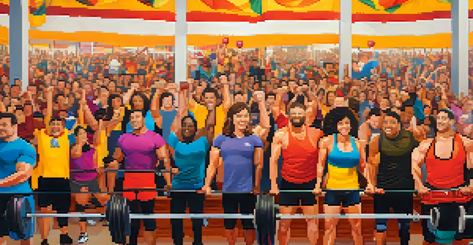 A lively community gym filled with diverse powerlifters competing in a charity event, with banners and spectators cheering them on.