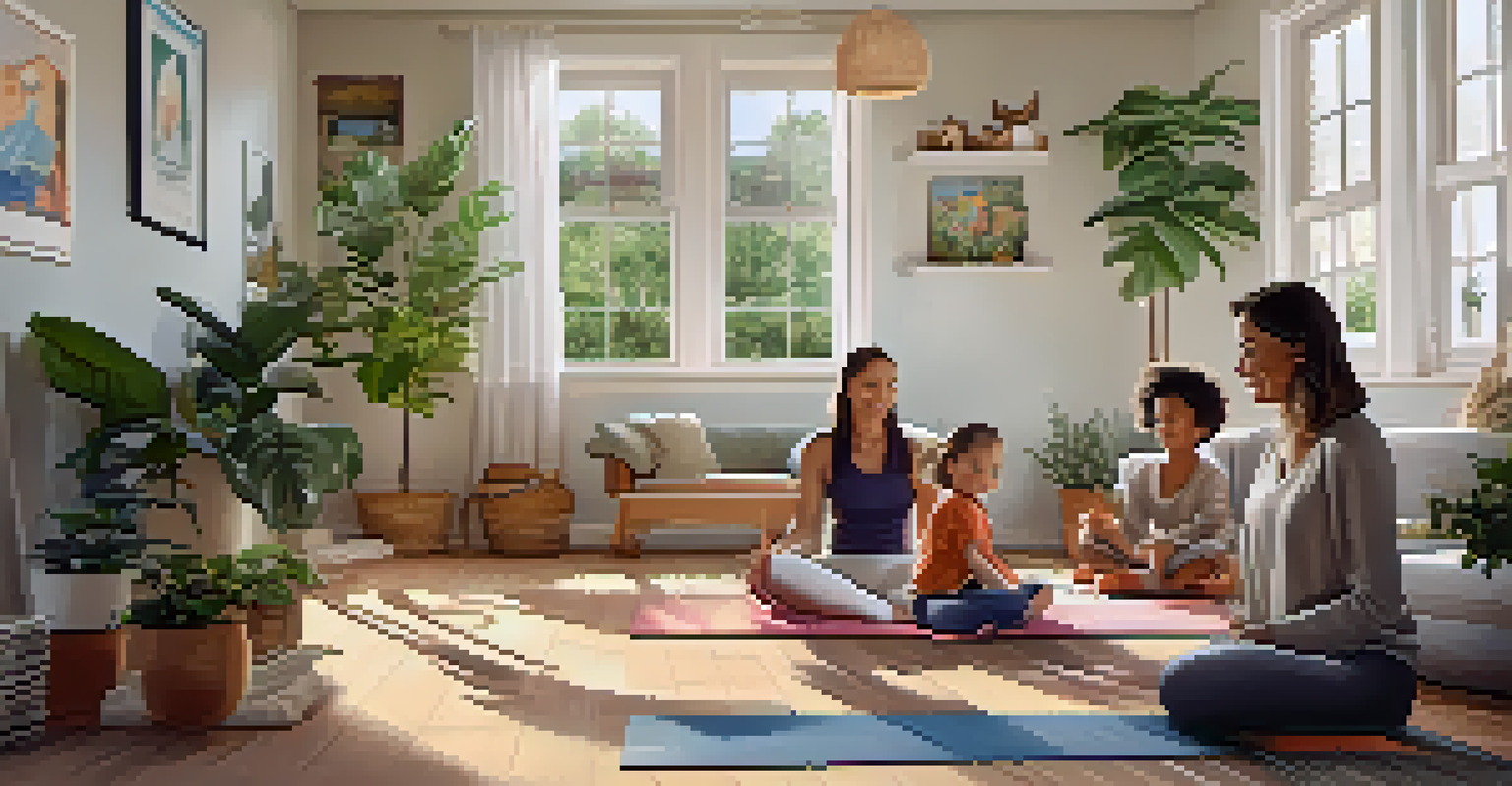 A family in a cozy living room with a parent doing yoga and children playing, filled with natural light and personal touches.