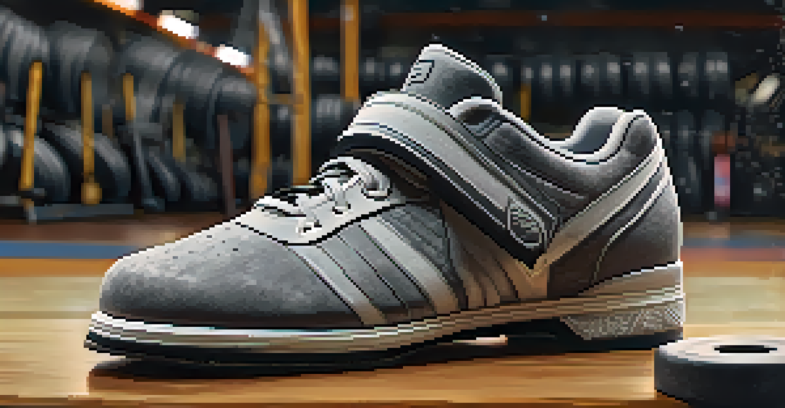 Close-up of a powerlifting shoe with a raised heel on a gym floor, surrounded by chalk dust.