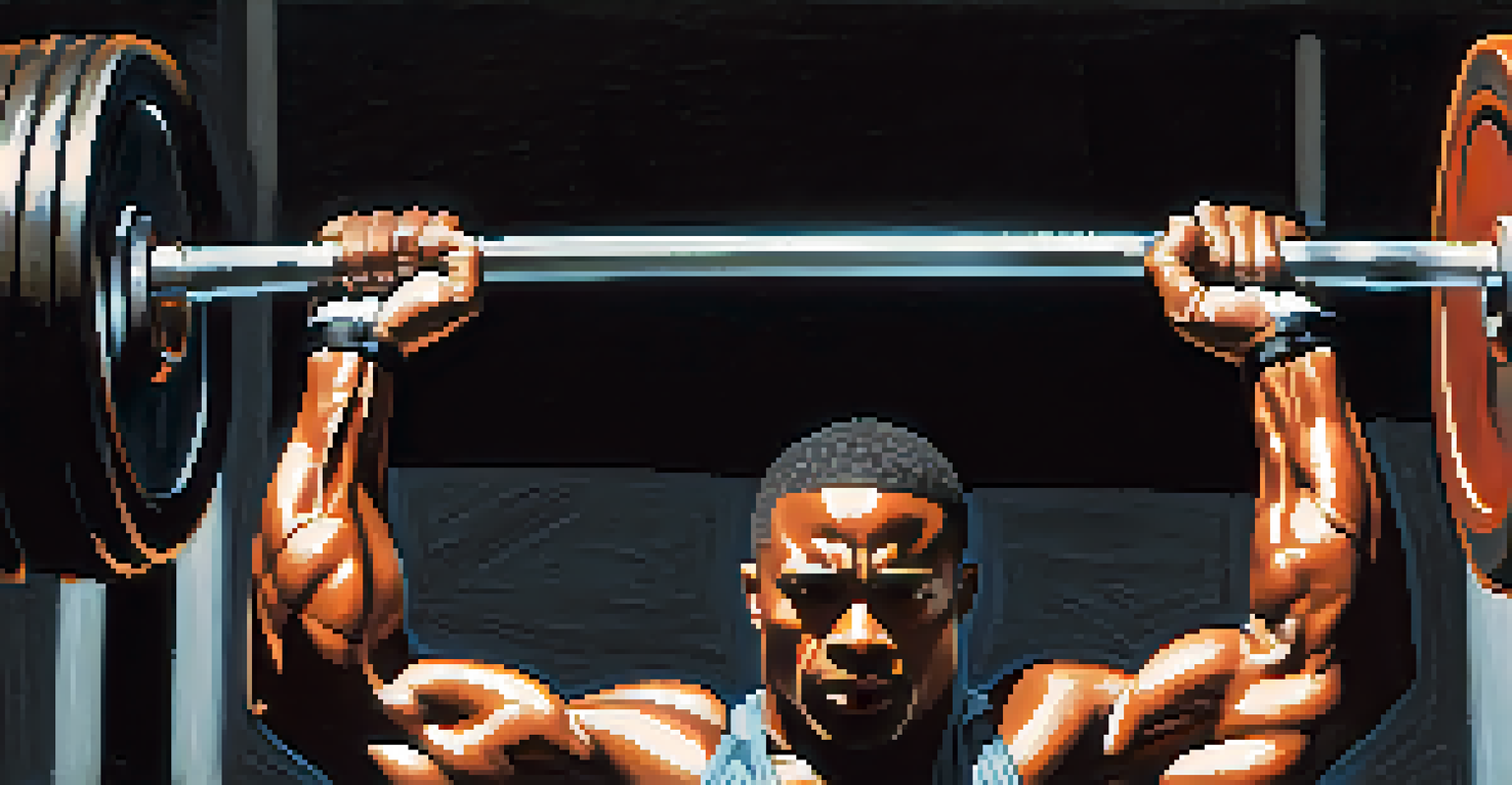 A close-up of a weightlifter's hands gripping a barbell with a focused expression.