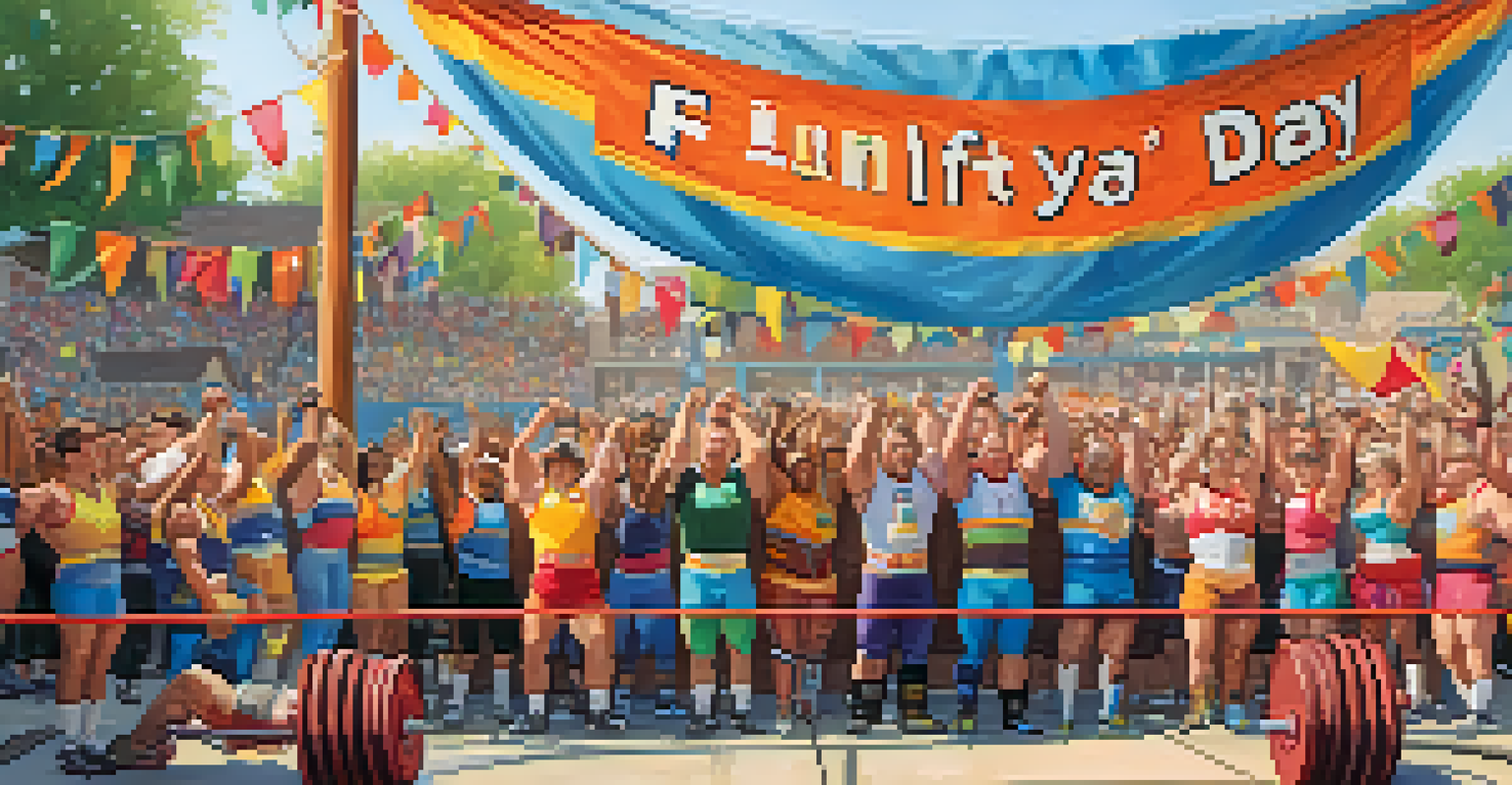 An outdoor fun lift day event with athletes in colorful costumes trying unconventional lifts, surrounded by cheerful spectators and a festive atmosphere.